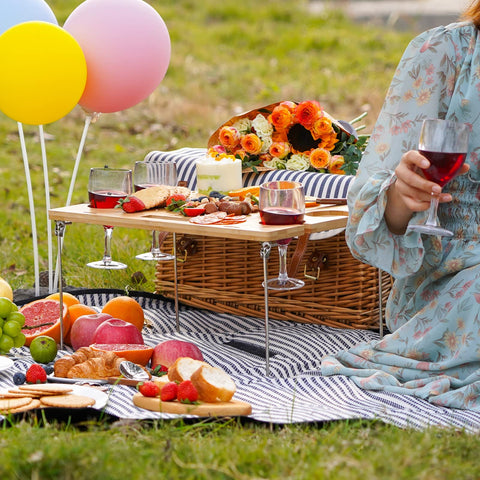 Willow Weave plastic wine glasses included for safe outdoor sipping.
