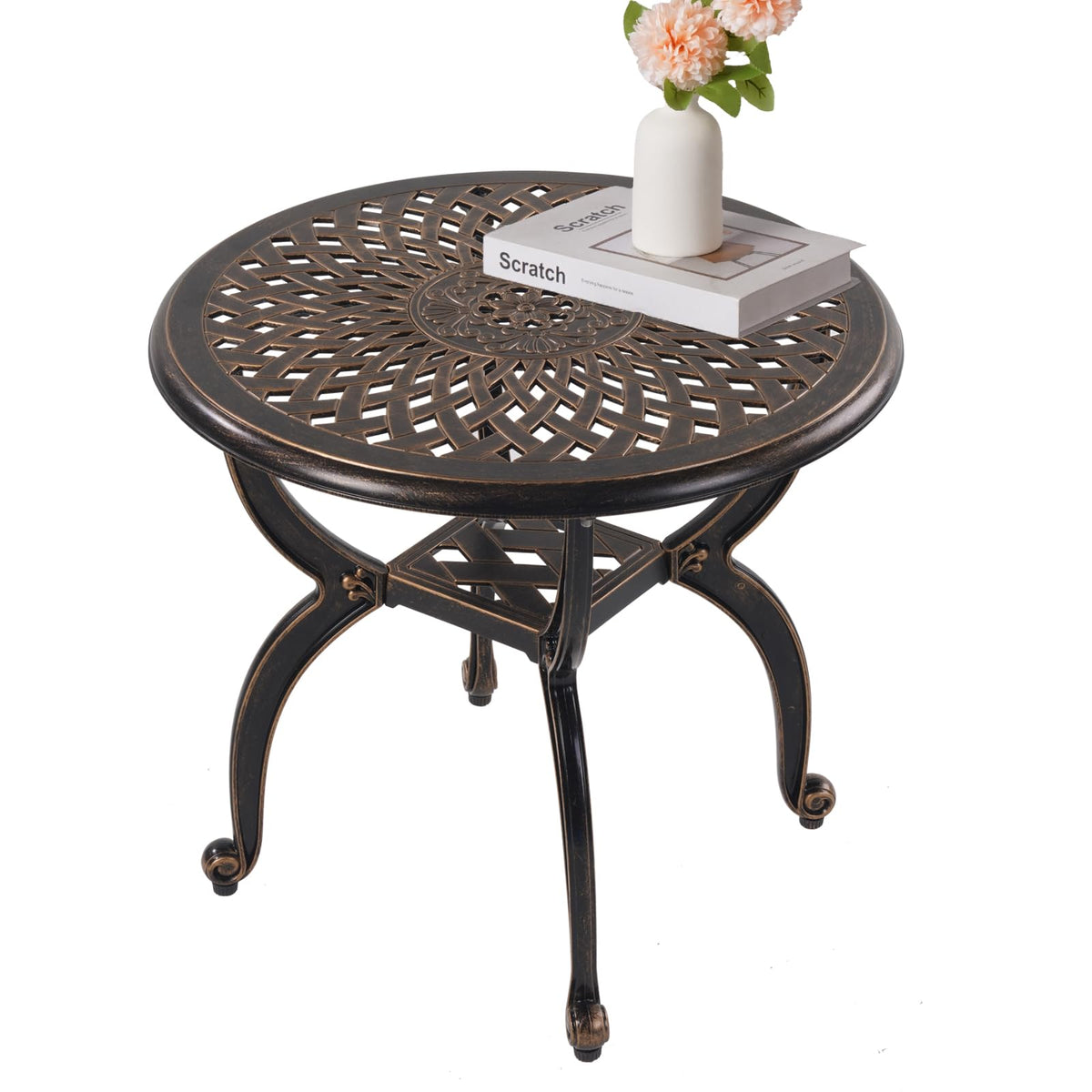 WILOUNGE cast aluminum outdoor side table with copper round finish, ideal for patios.