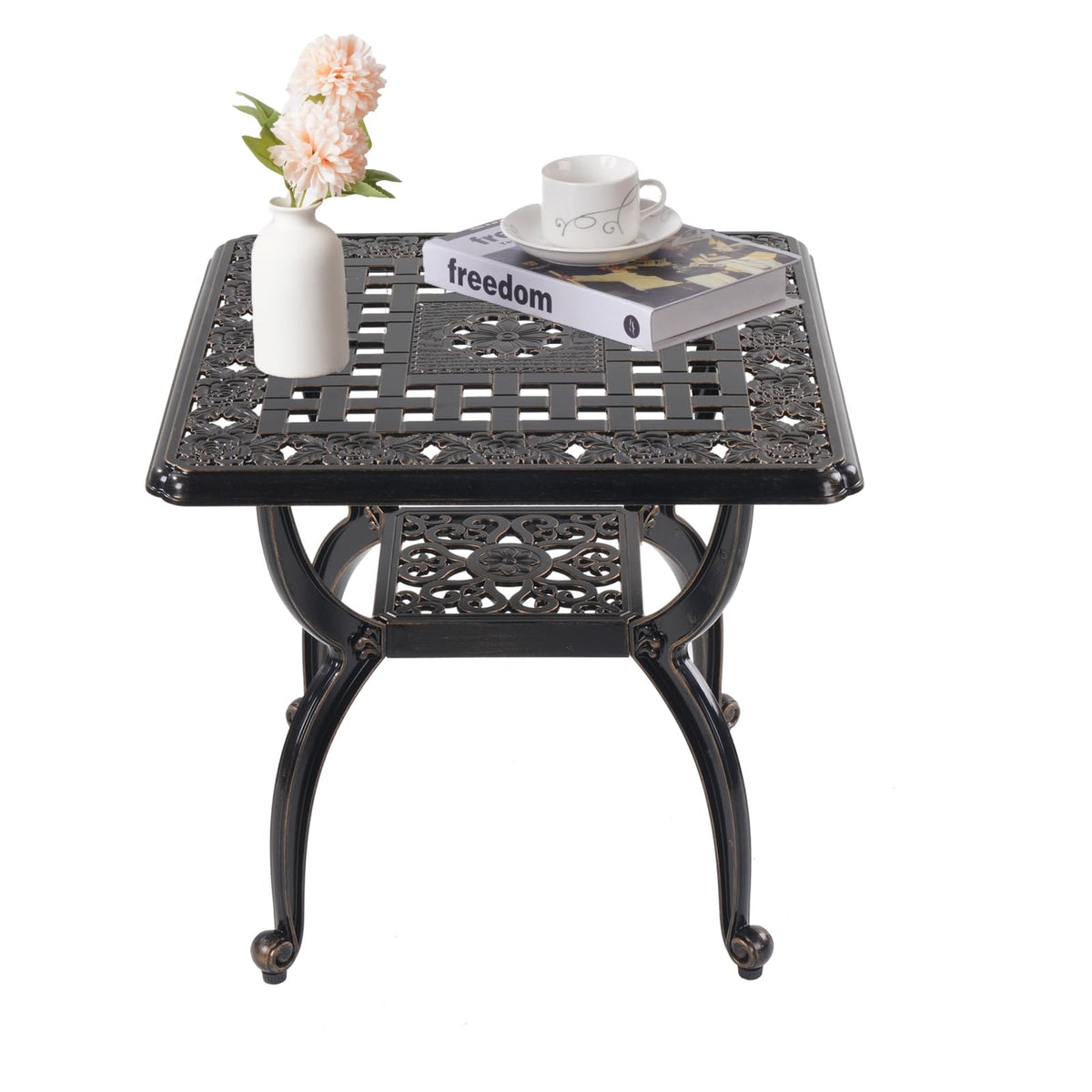 wilounge cast aluminum outdoor side table corner view shows sturdy rust-resistant build for patios