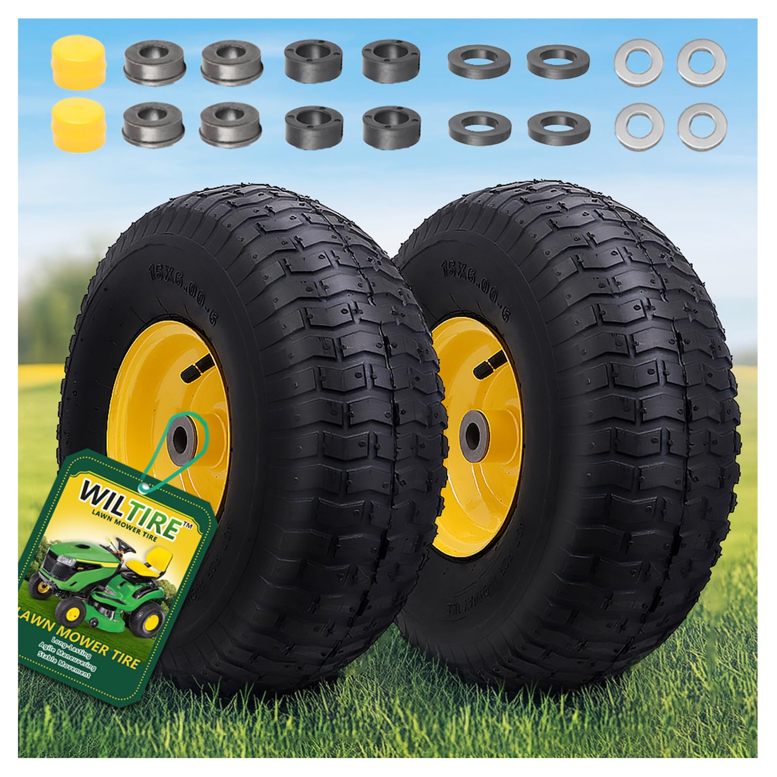 Wiltire front tire and wheel assembly in 15x6-00-6 size for front mower traction