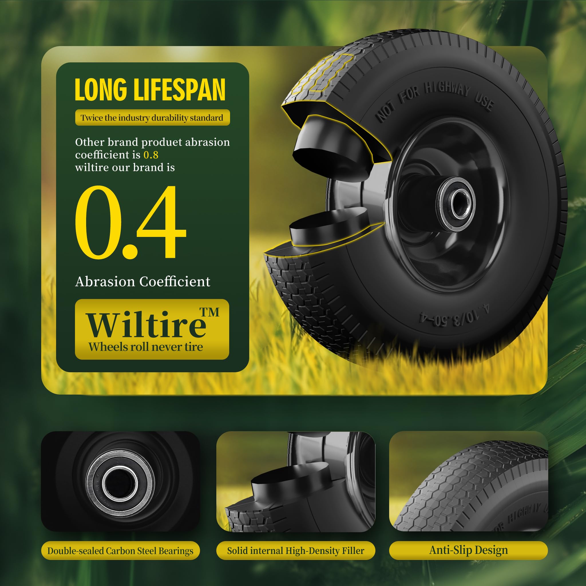 Wiltire puncture-proof tire body highlights long-lasting, maintenance-free performance.