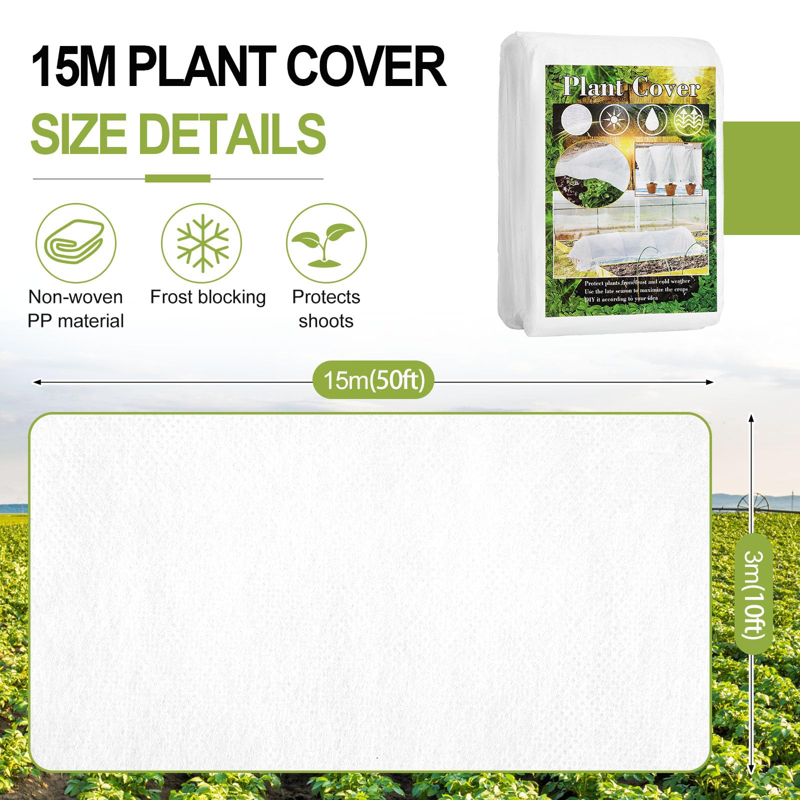 WiMas floating row cover shows breathable PP fabric for winter garden protection.