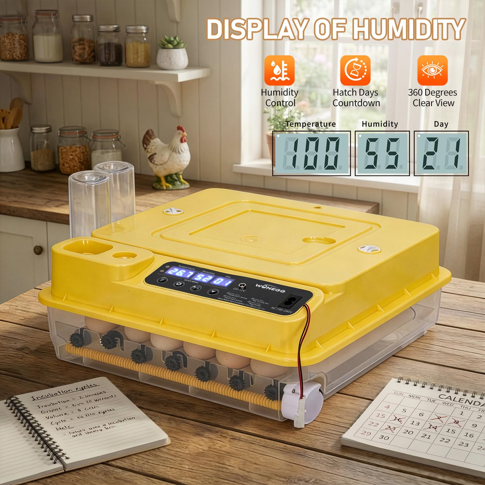 Winado incubator with temperature and humidity alarms for deviations.