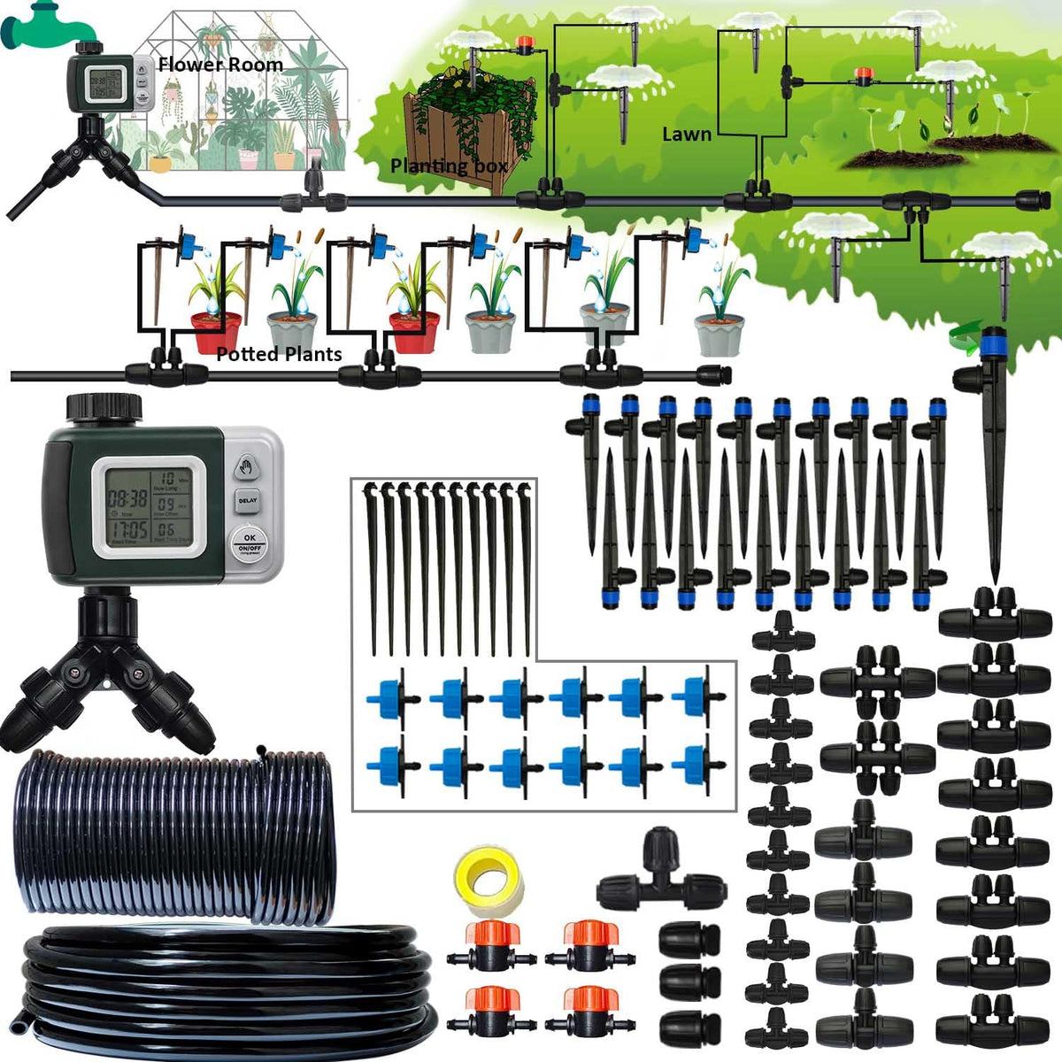 Winbomgo drip irrigation kit setup showing connectors for easy watering