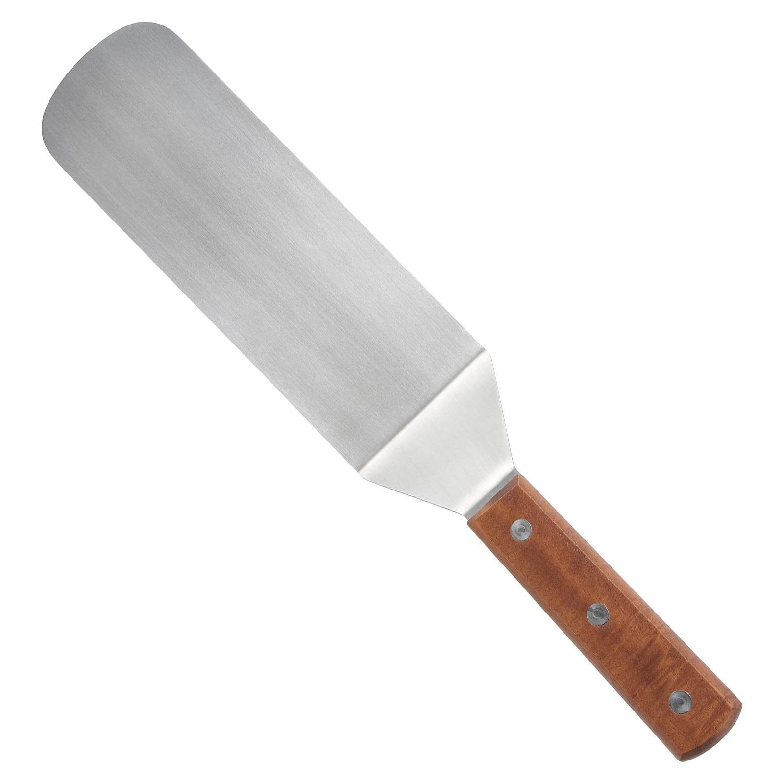 Winco blade flexible turner 9.5-inch on a griddle, slides under burgers for easy flipping.