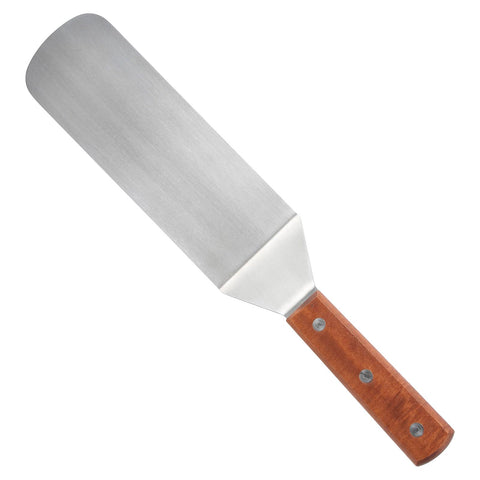 Winco blade flexible turner 9.5-inch on a griddle, slides under burgers for easy flipping.
