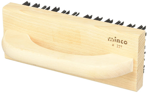 Winco BR-9 butcher block brush with steel bristles removes tough residues.
