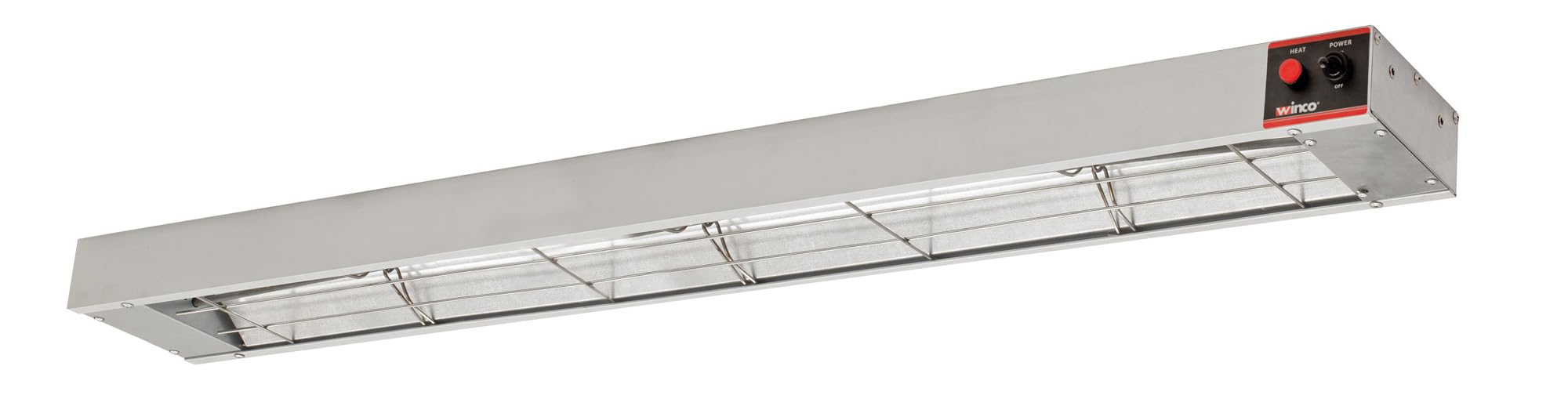 Winco ESH-48 strip heater front view shows even infrared heat for consistent serving temperatures.