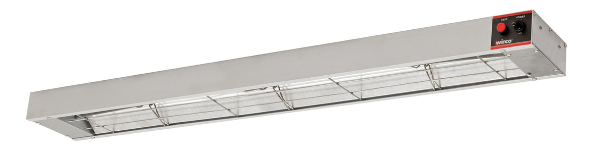 Winco ESH-48 strip heater front view shows even infrared heat for consistent serving temperatures.