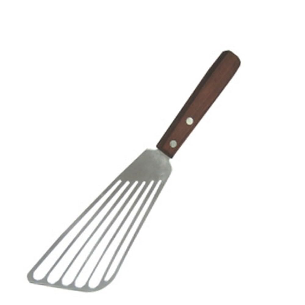 Winco fish spatula with wooden handle and 6-3-4 inch blade for precise flips and drainage