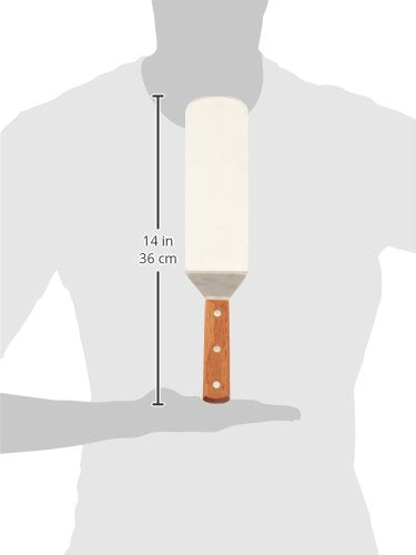Winco flexible turner with offset handle demonstrates safe lifting off hot surfaces.
