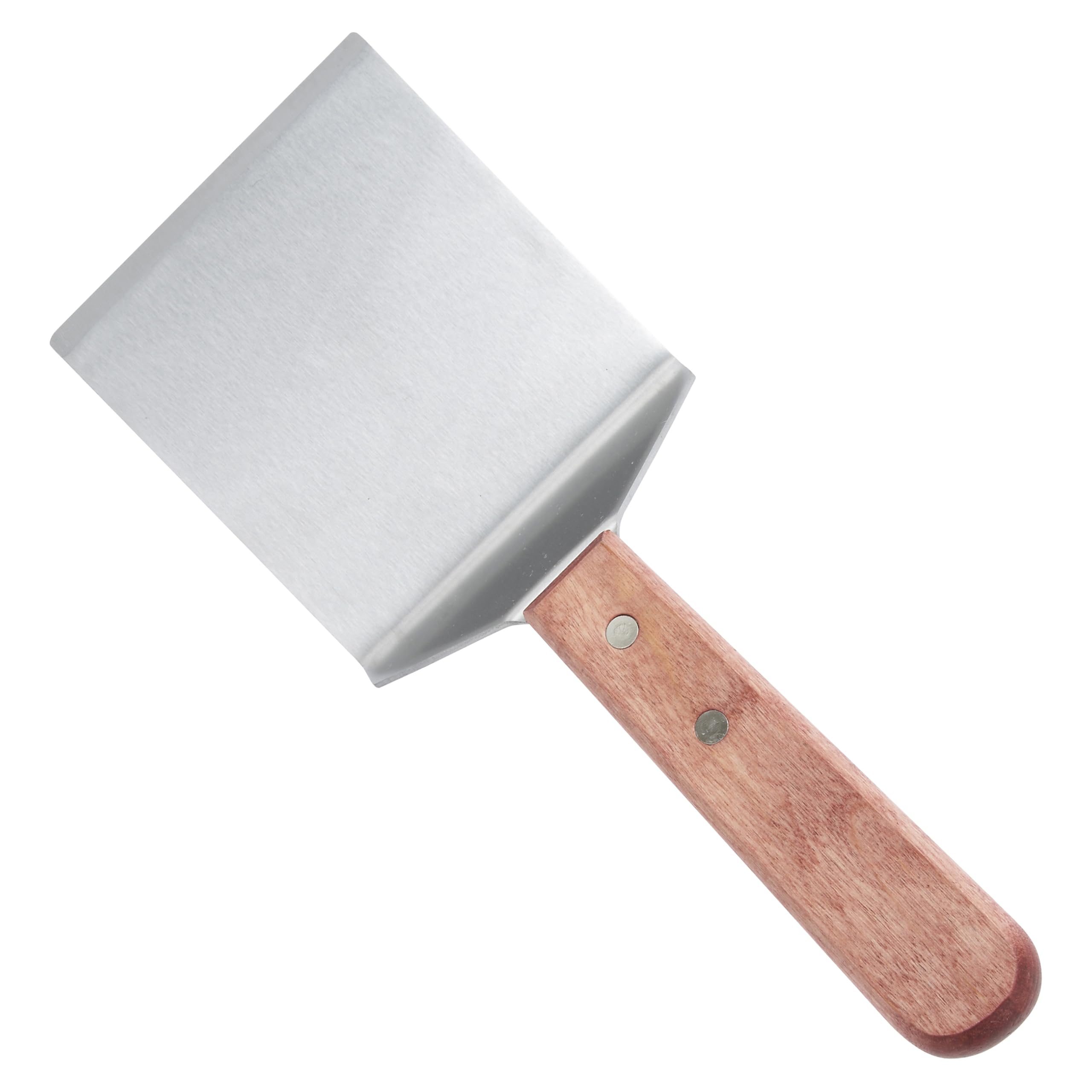Winco TN46 rigid blade turner on a hot griddle for steaks and burgers.