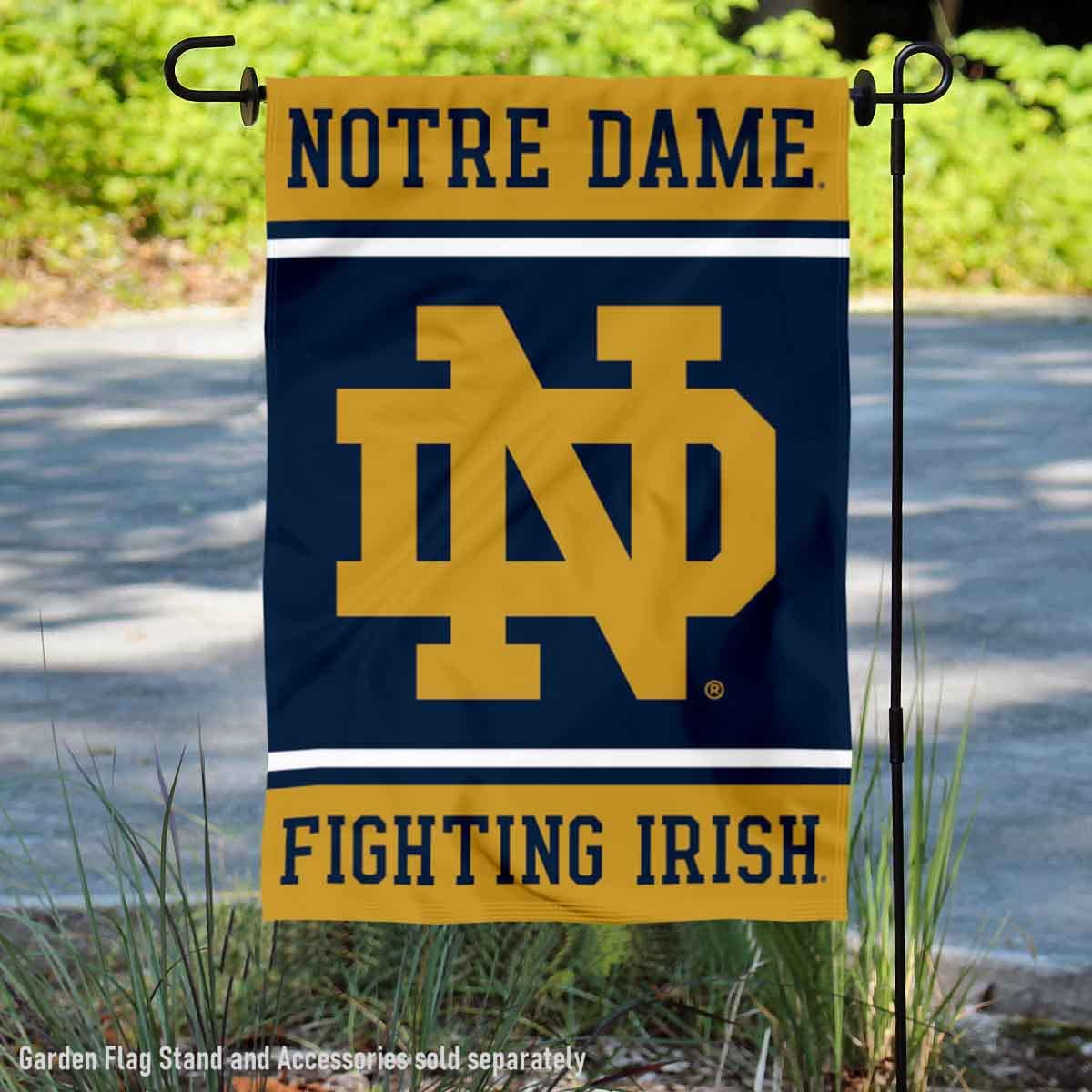 WinCraft Irish ND Logo Banner flag, double-sided view, readable logo from both sides
