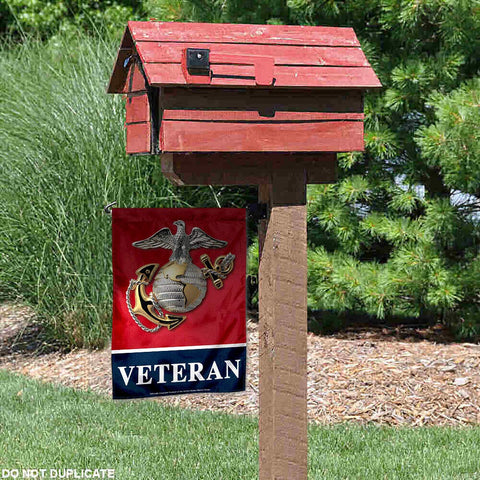 WinCraft US Marines Veteran Garden Flag, detail view, screen-printed insignias readable from both sides