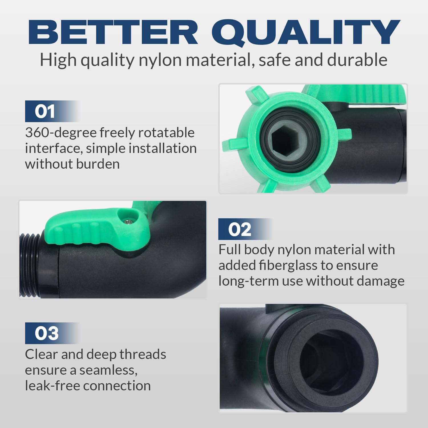 Windblowgrass 360-degree rotating connector eases faucet attachment without tools.