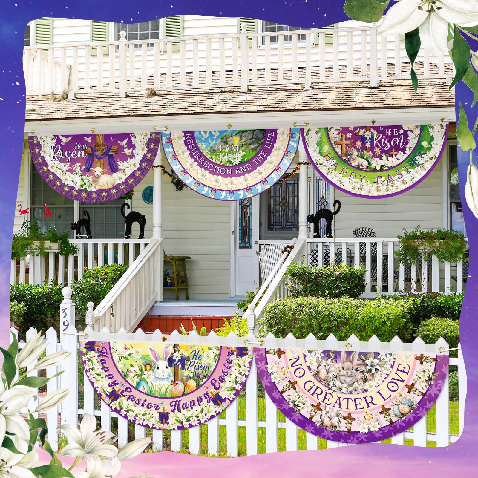 Windkream Purple Easter bunting flag creates rustic festive atmosphere outdoors