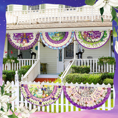 Windkream Purple Easter bunting flag creates rustic festive atmosphere outdoors