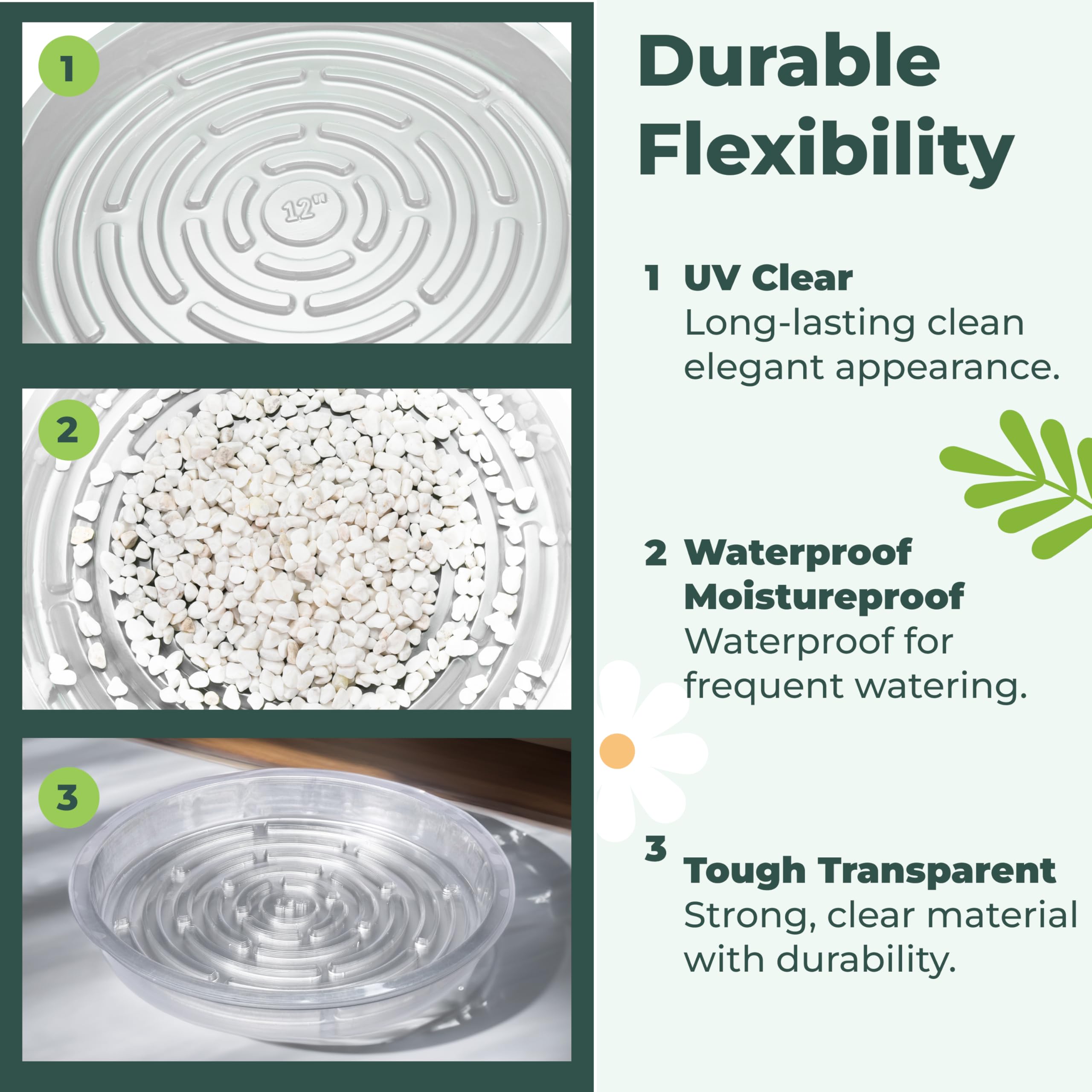 Window Garden clear saucer with pebbles enhances décor under houseplants