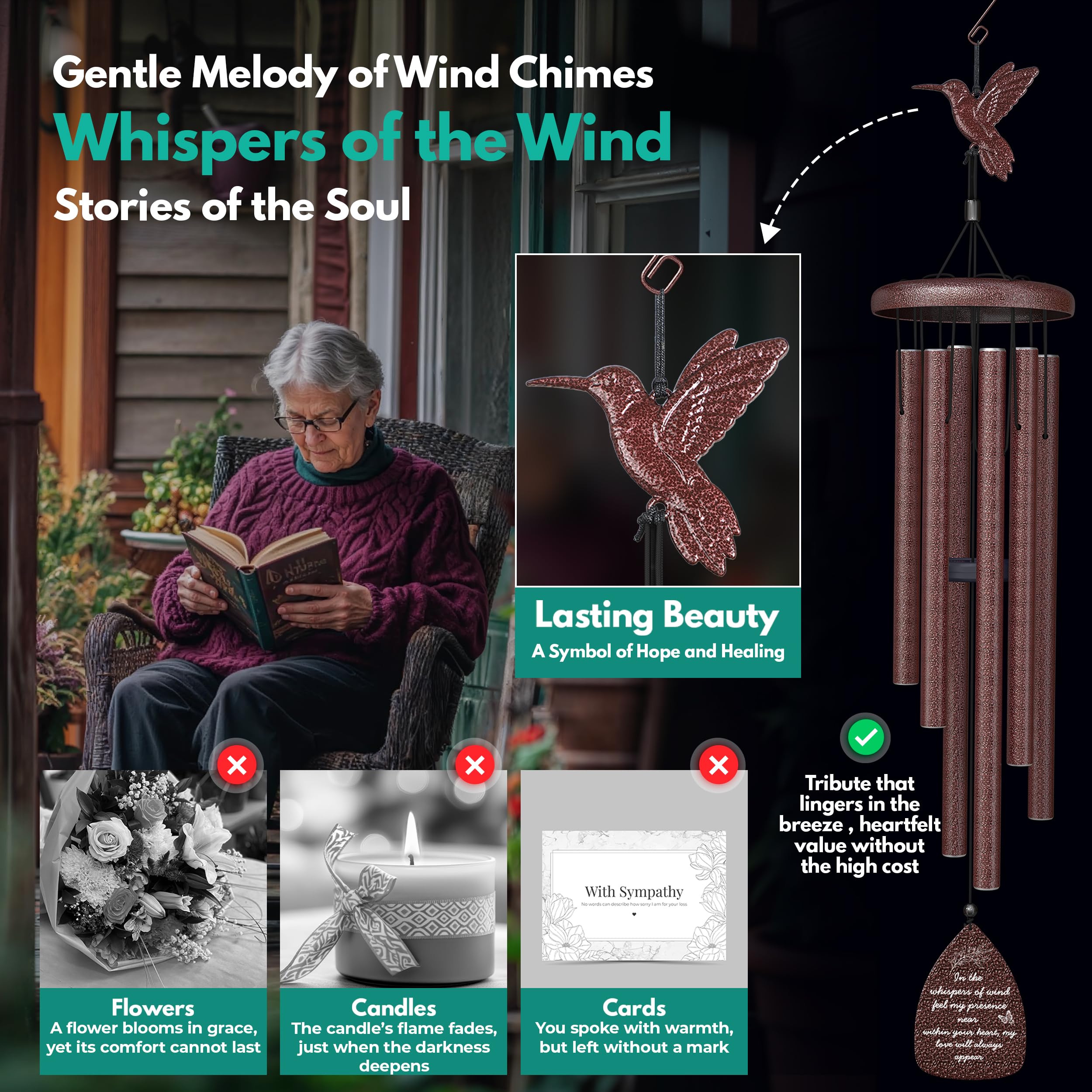 Windsplay hummingbird memorial wind chimes hanging hook image shows easy installation.