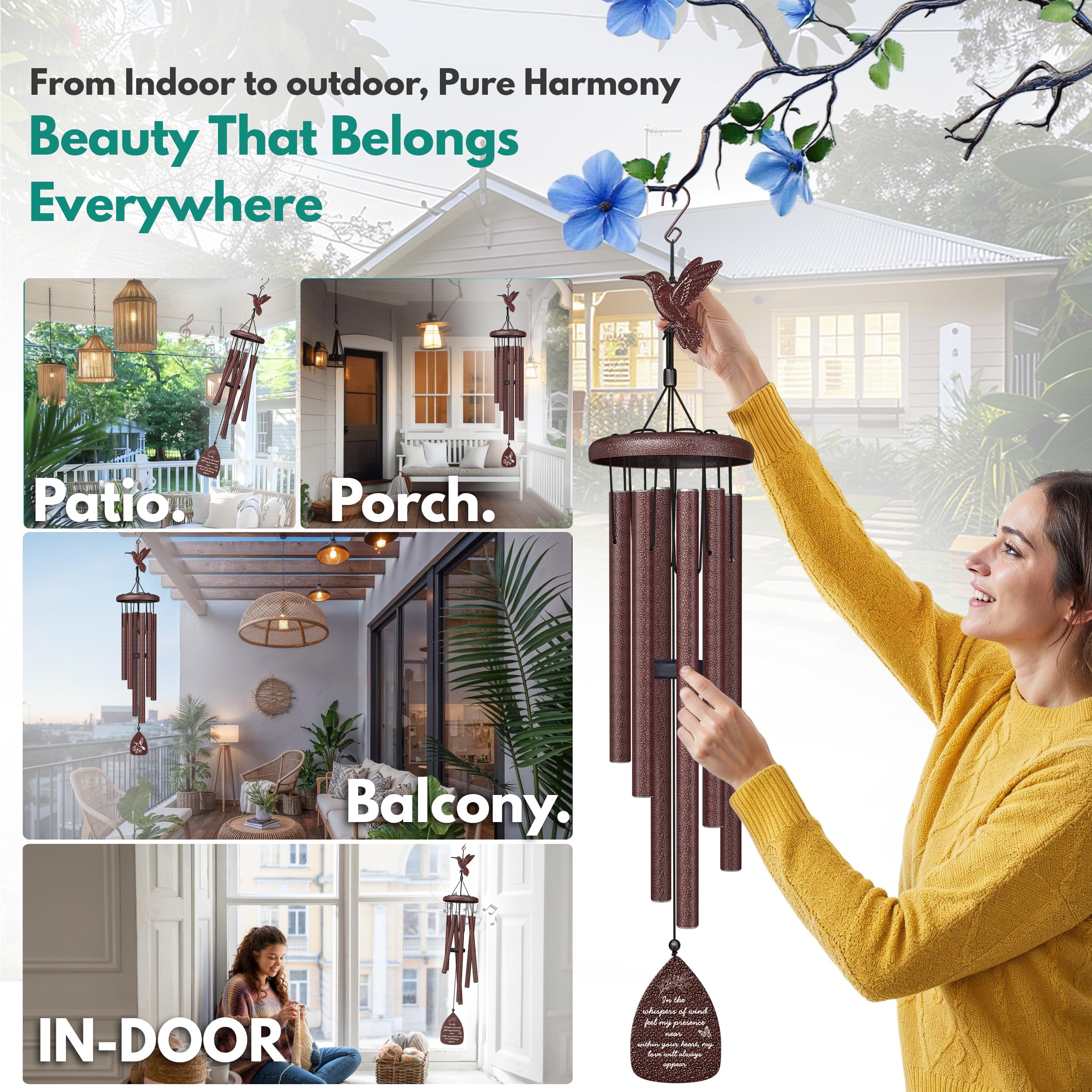 Windsplay hummingbird memorial wind chimes metal details highlight craftsmanship and resonance.