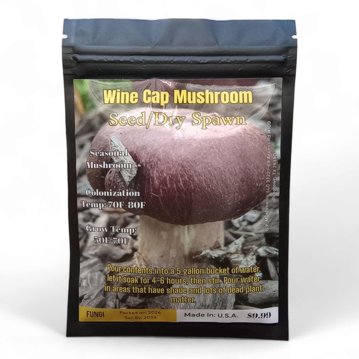 Wine Cap Seed/Dry Spawn packaging ready for outdoor planting