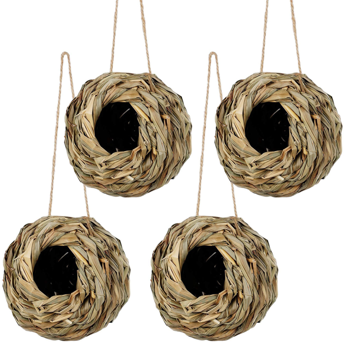 Winemana ball nest four-pack hanging outdoors to invite songbirds.
