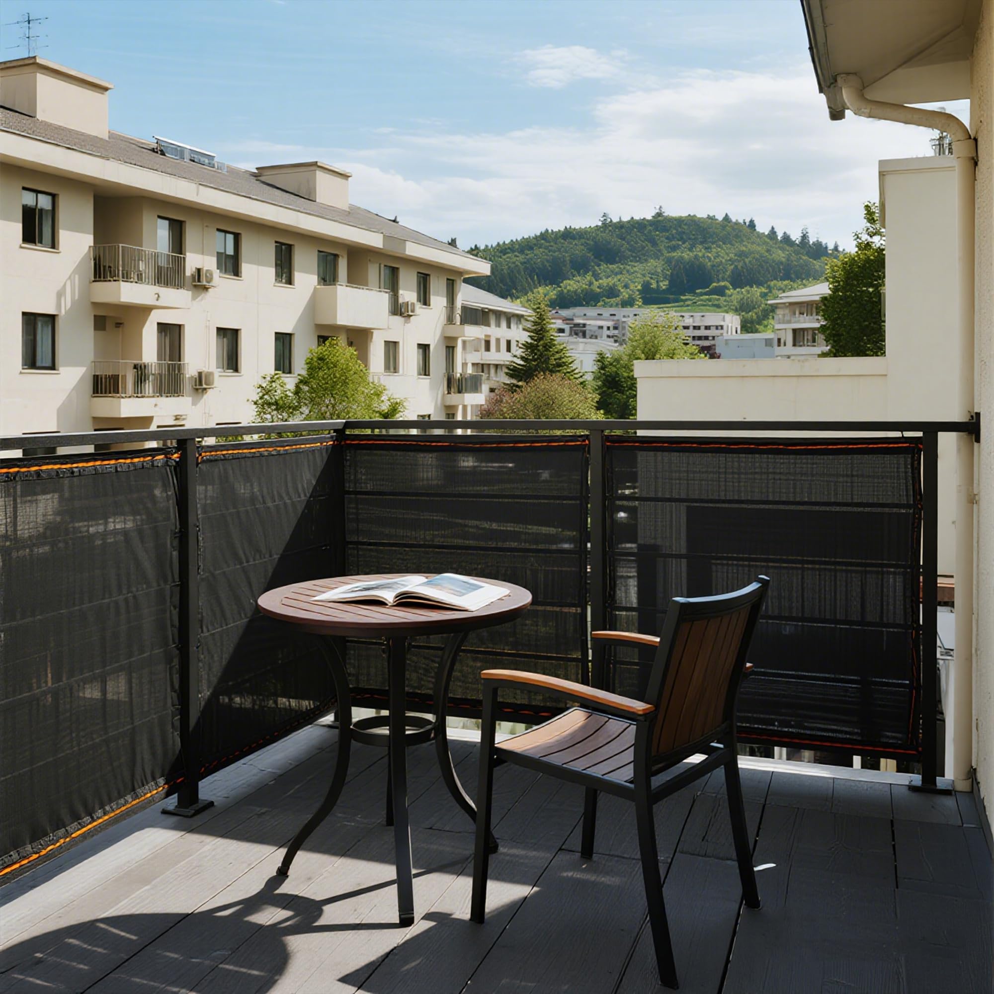 Winemana breathable mesh tarp provides cooling shade for outdoor patio seating.