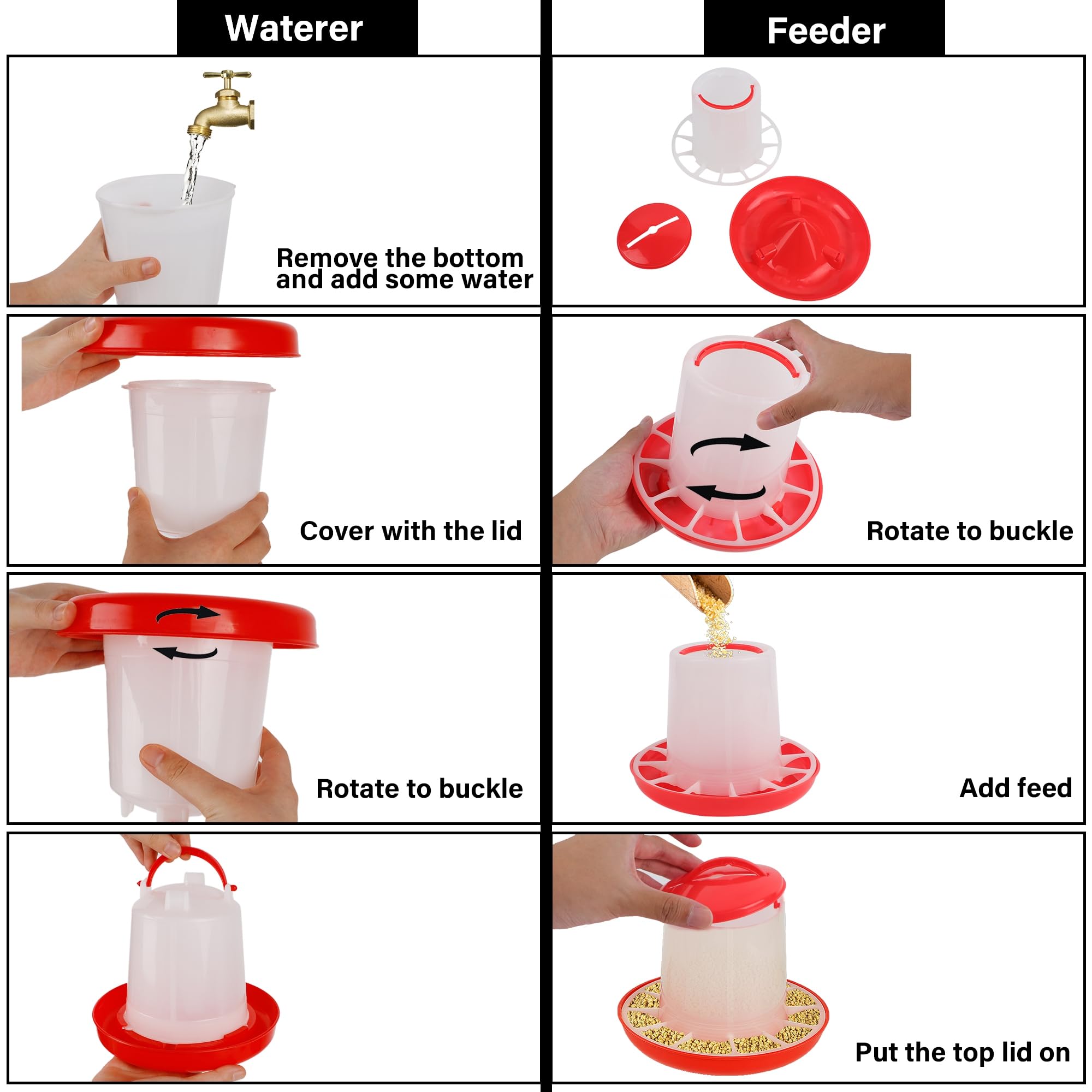 Winemana feeder and waterer showing leakproof clasps for tidy setup.