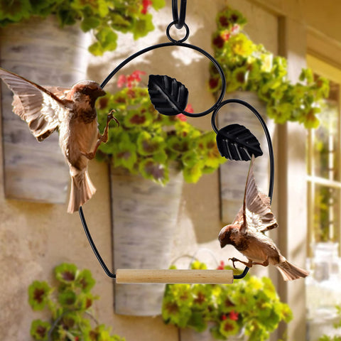 Outdoor and indoor setup showing Winemana hummingbird swings near a feeder