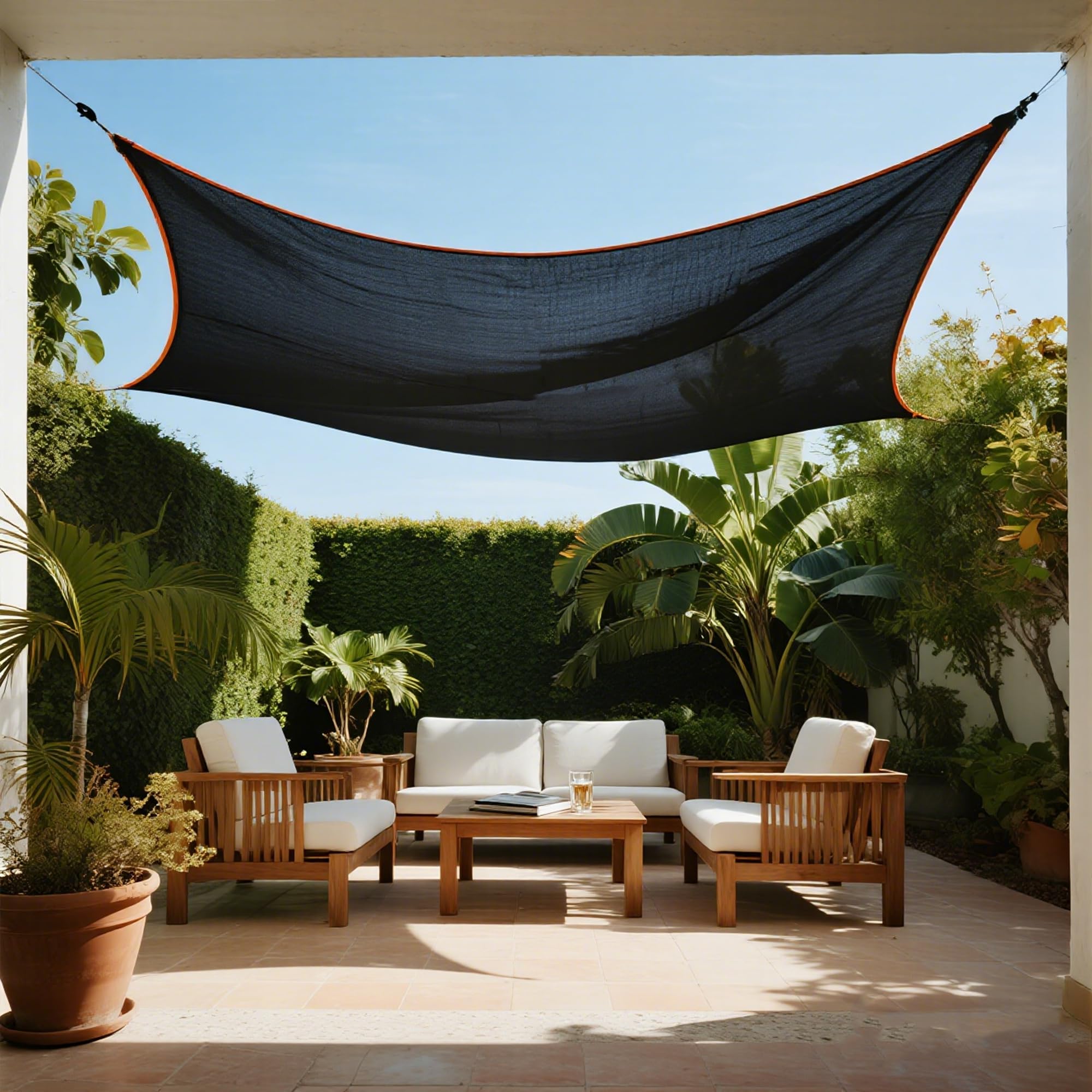 Winemana shade cloth covers patio and outdoor seating areas for comfort.