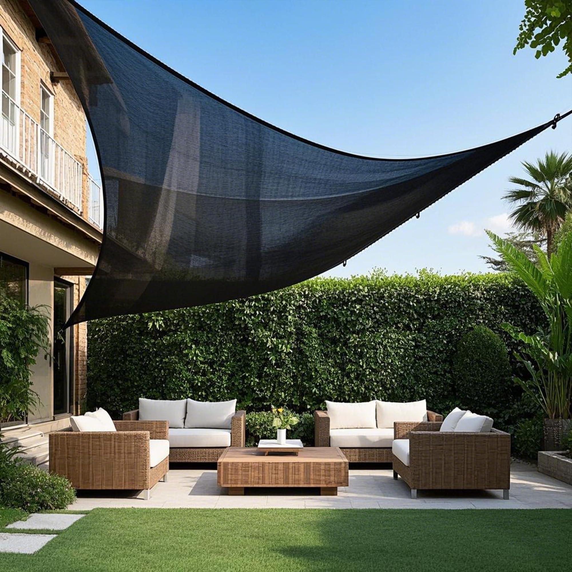 Winemana shade cloth with grommets secures over a shed or greenhouse.