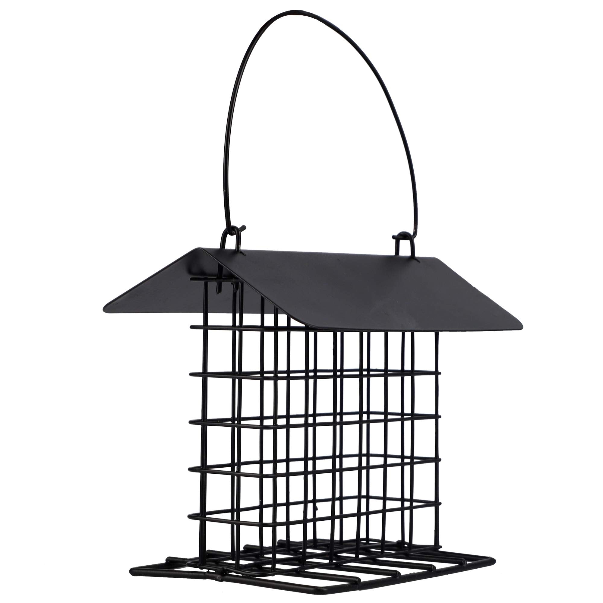 Winemana suet feeder outdoors with cage focus attracts chickadees and woodpeckers.