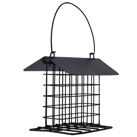 Winemana suet feeder outdoors with cage focus attracts chickadees and woodpeckers.