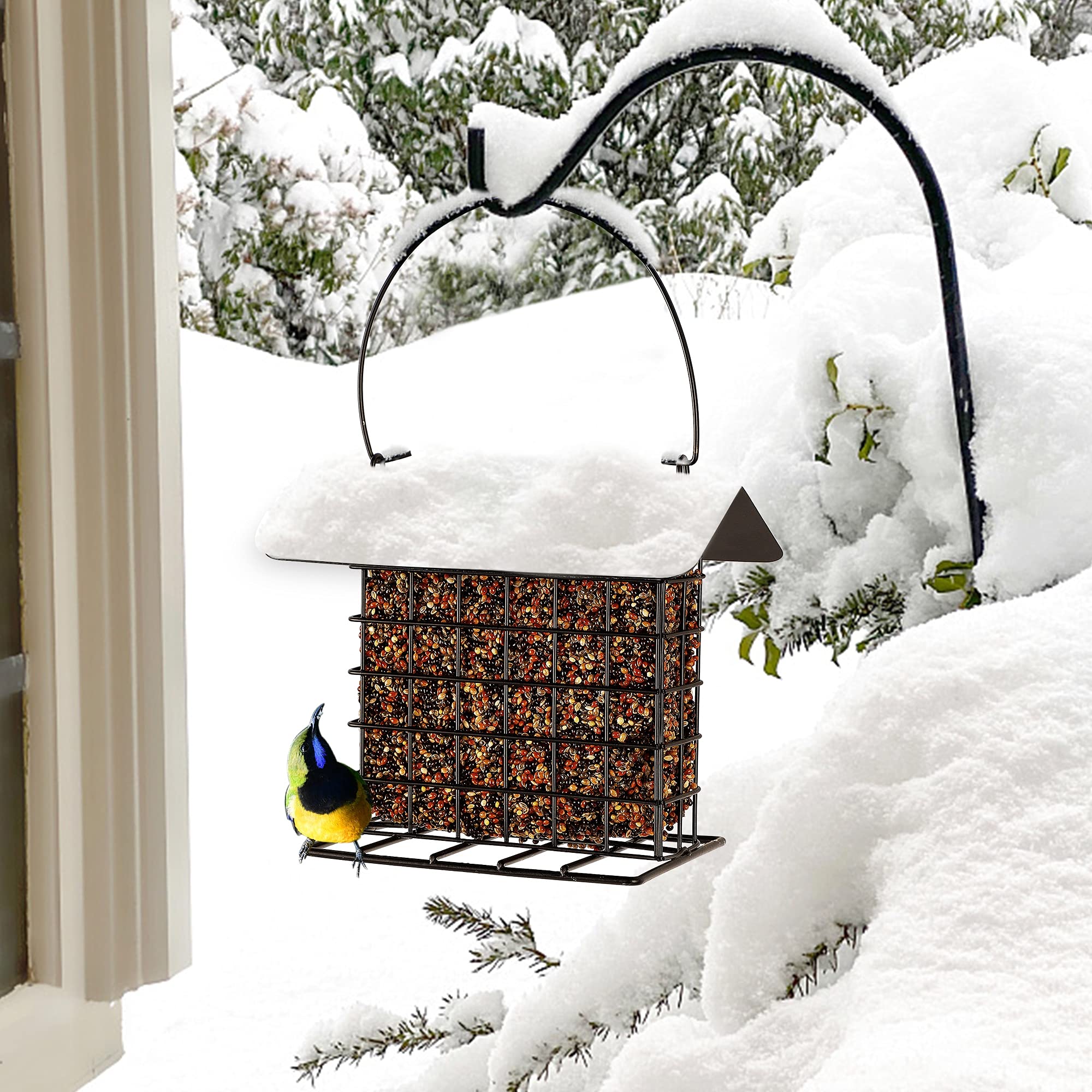 Squirrel-proof cage helps protect food and reduce interruptions.