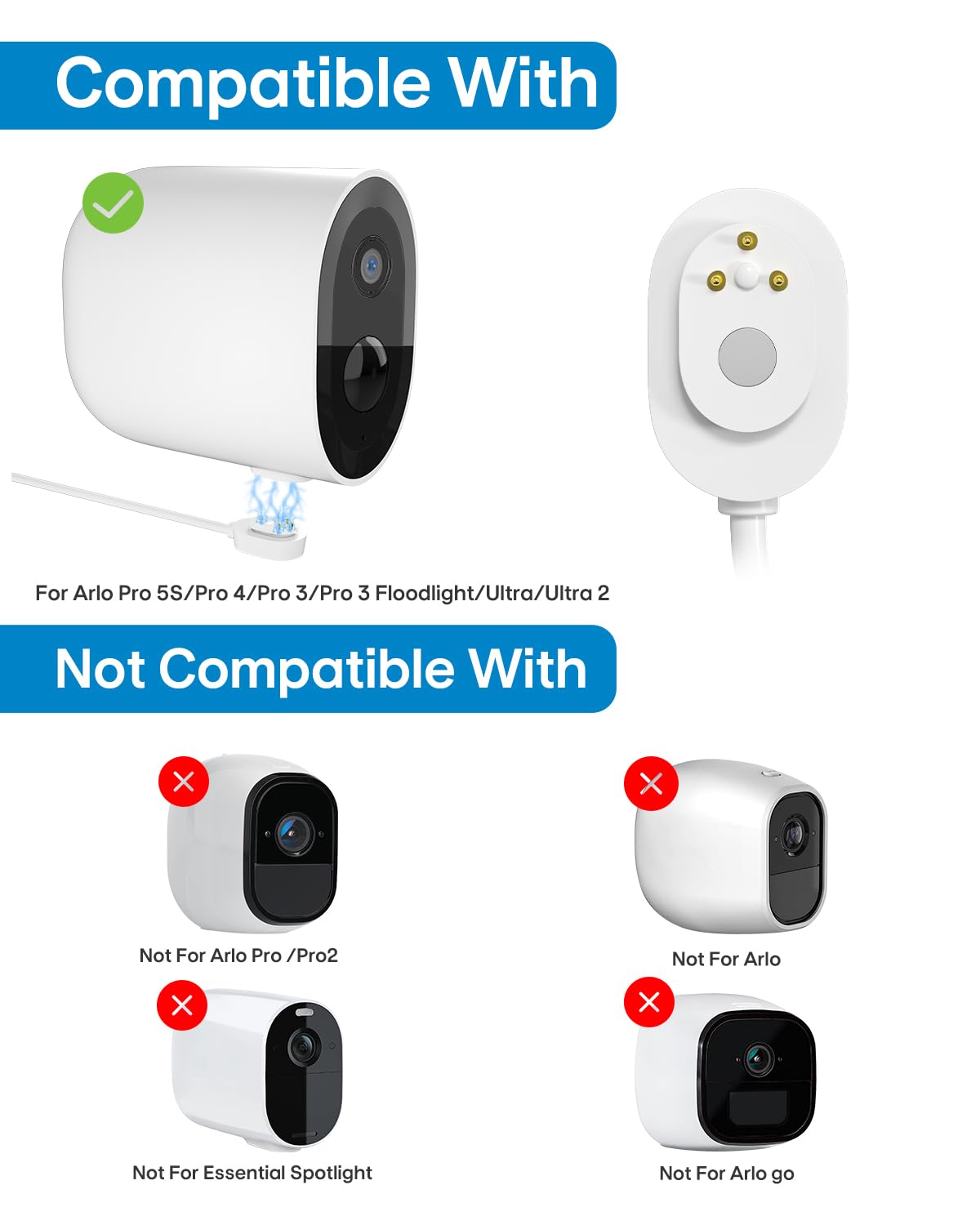9.8ft cable provides flexible solar charging for outdoor use with Arlo cameras.