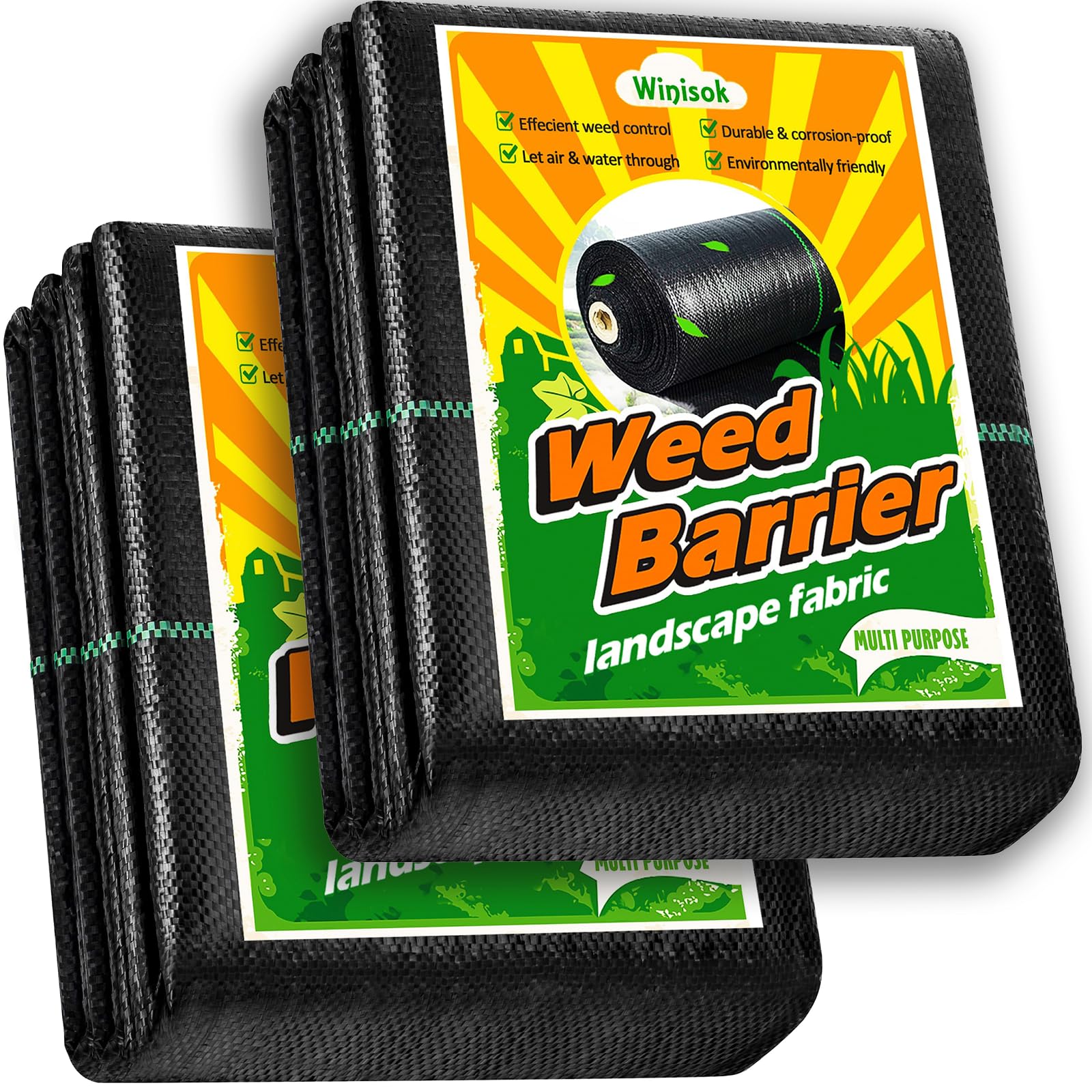 Winisok weed barrier roll with green stripes for easy weed suppression in garden beds.