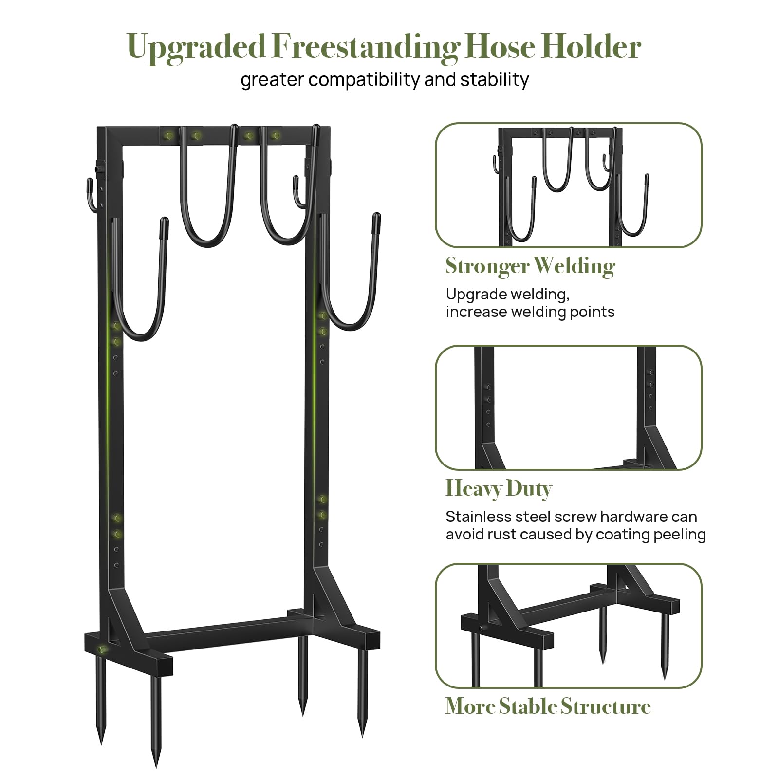 Winpull hose holder features four anchor points for sturdy freestanding setup