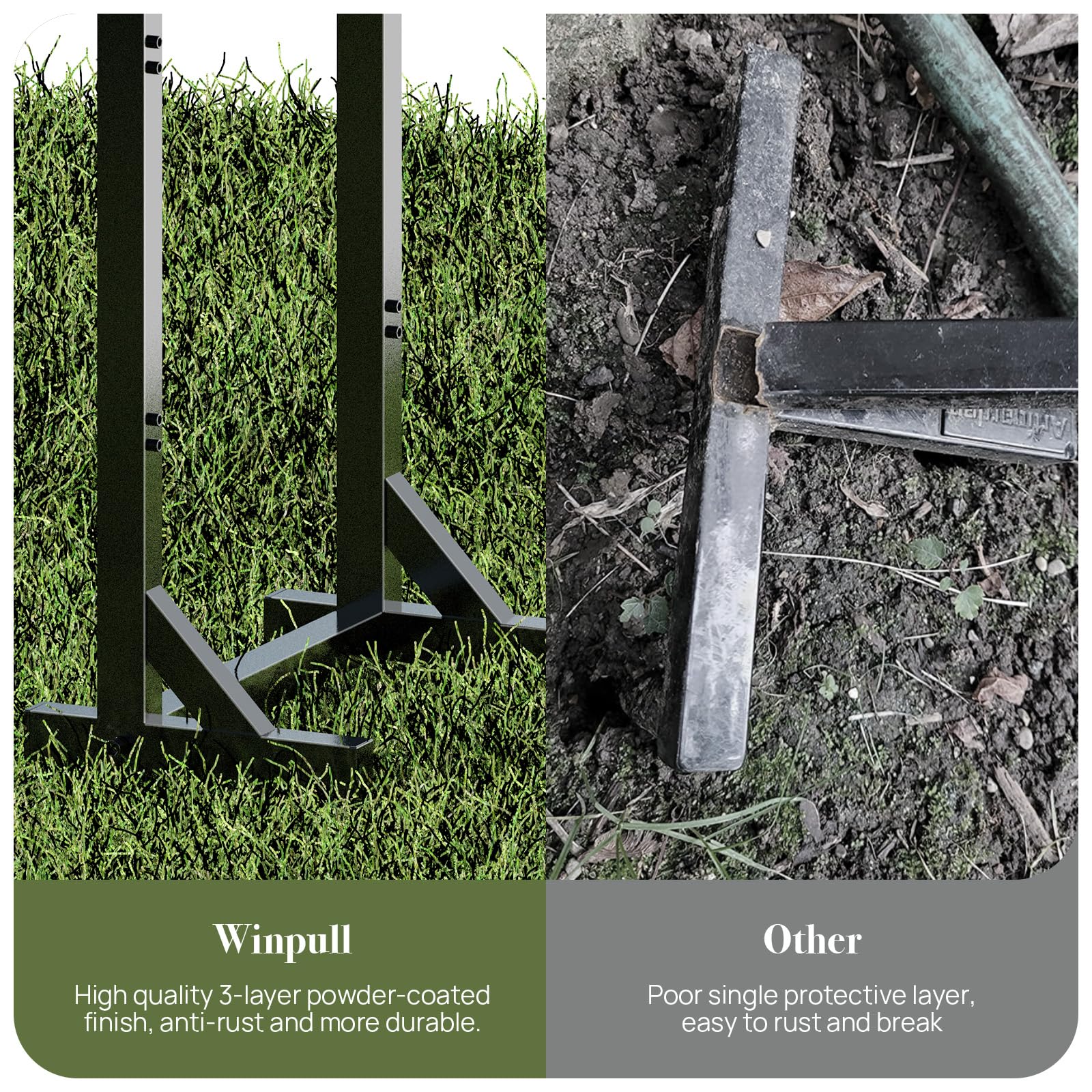Winpull metal stand with lacquer finish resists weather and adds sleek style