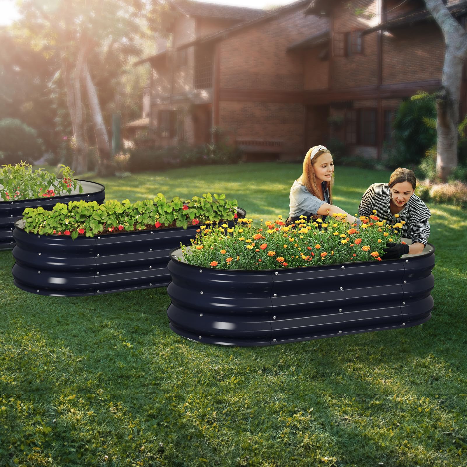 Winpull navy blue front view of raised bed, highlighting sturdy construction