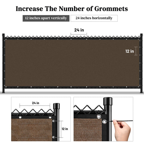Winpull reinforced grommets ensure durable outdoor installation on fences.