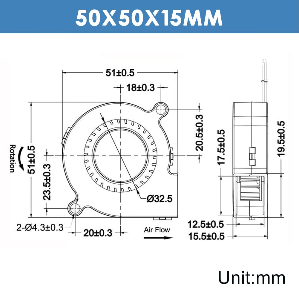 WINSINN 5015 blower fan 24V top view highlights lightweight, space-saving design.