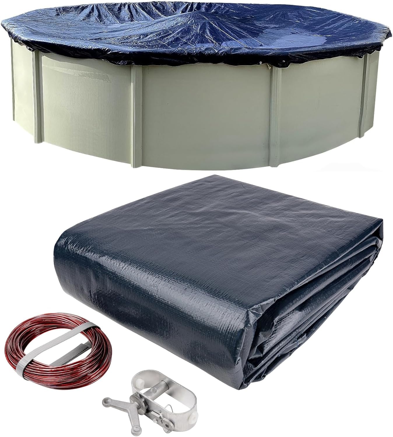 Winter Block 18ft round pool cover shown outdoors providing durable winter protection