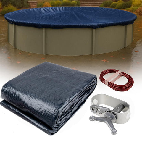 Winter Block winter cover on a 30-foot round pool protects from debris and cold.