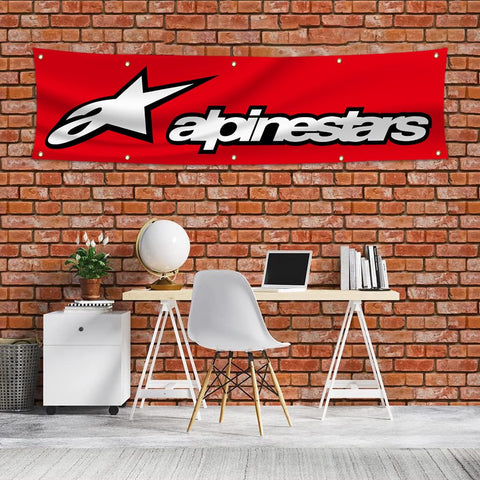 Winuxury Alpinestar banner flag 2x8ft in garage setup boosts wall impact