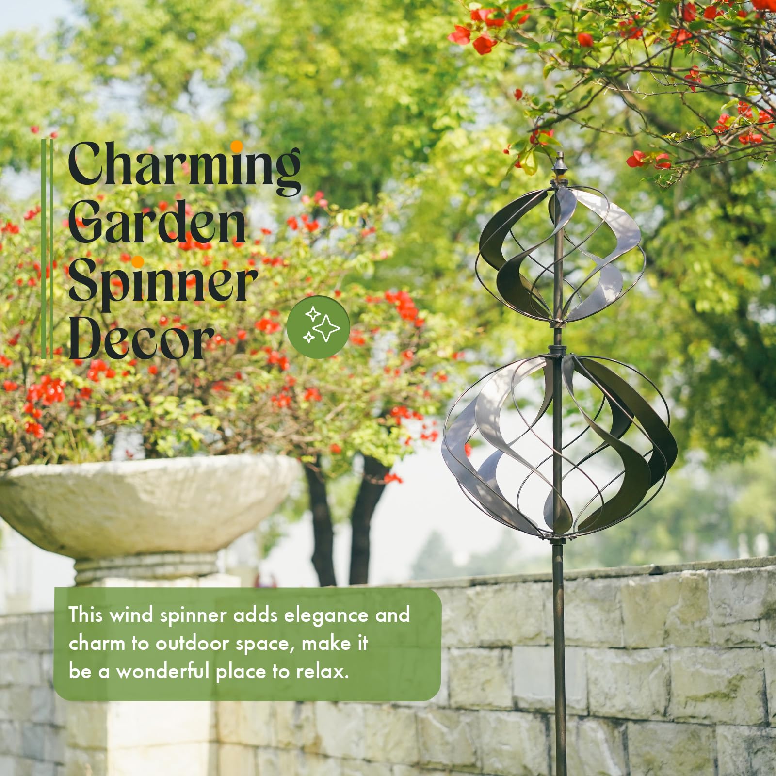 WinWindSpinner sunlit globes reflect rays to enhance outdoor ambiance.
