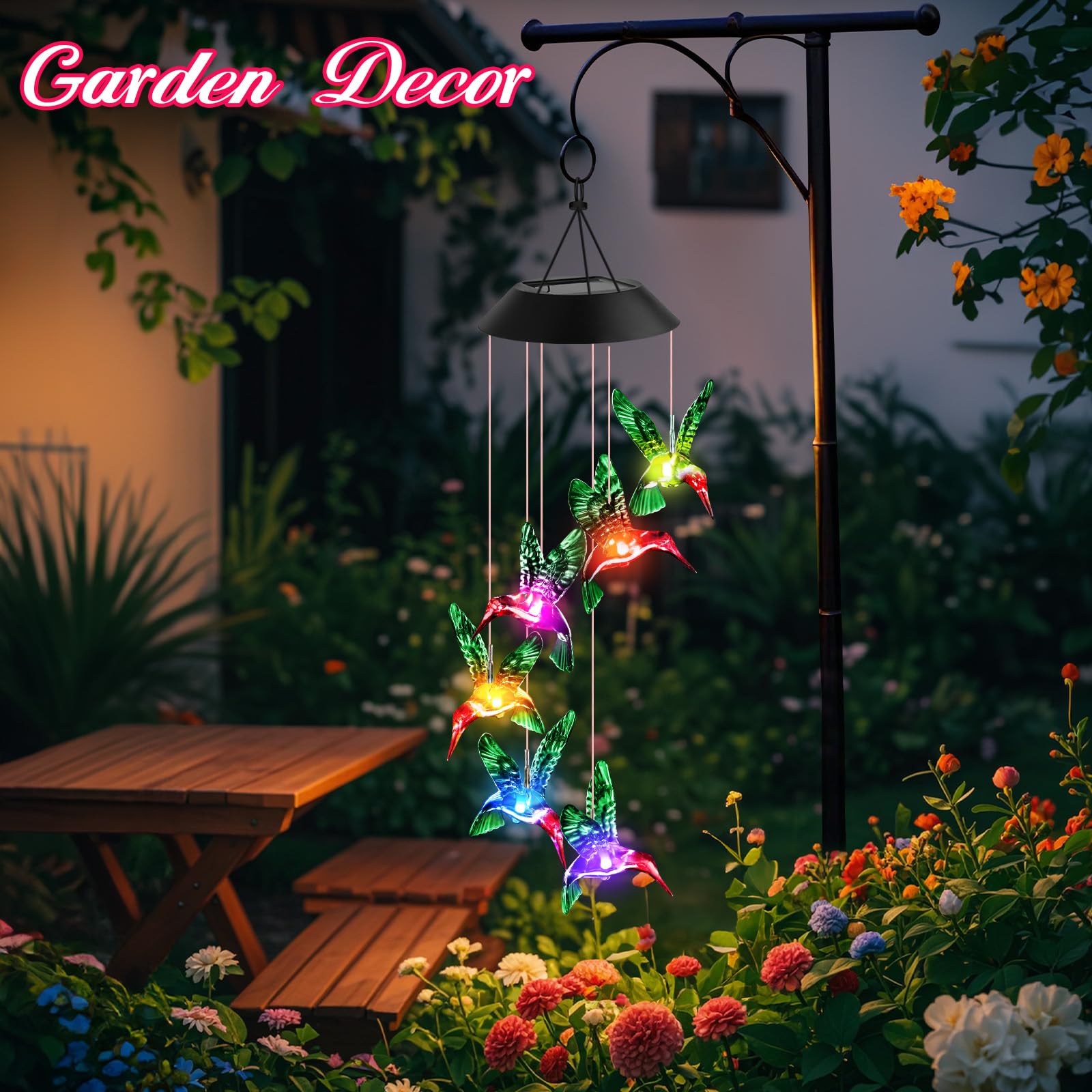 Winzwon garden chime by window shows vibrant hummingbird glow for relaxing evenings.