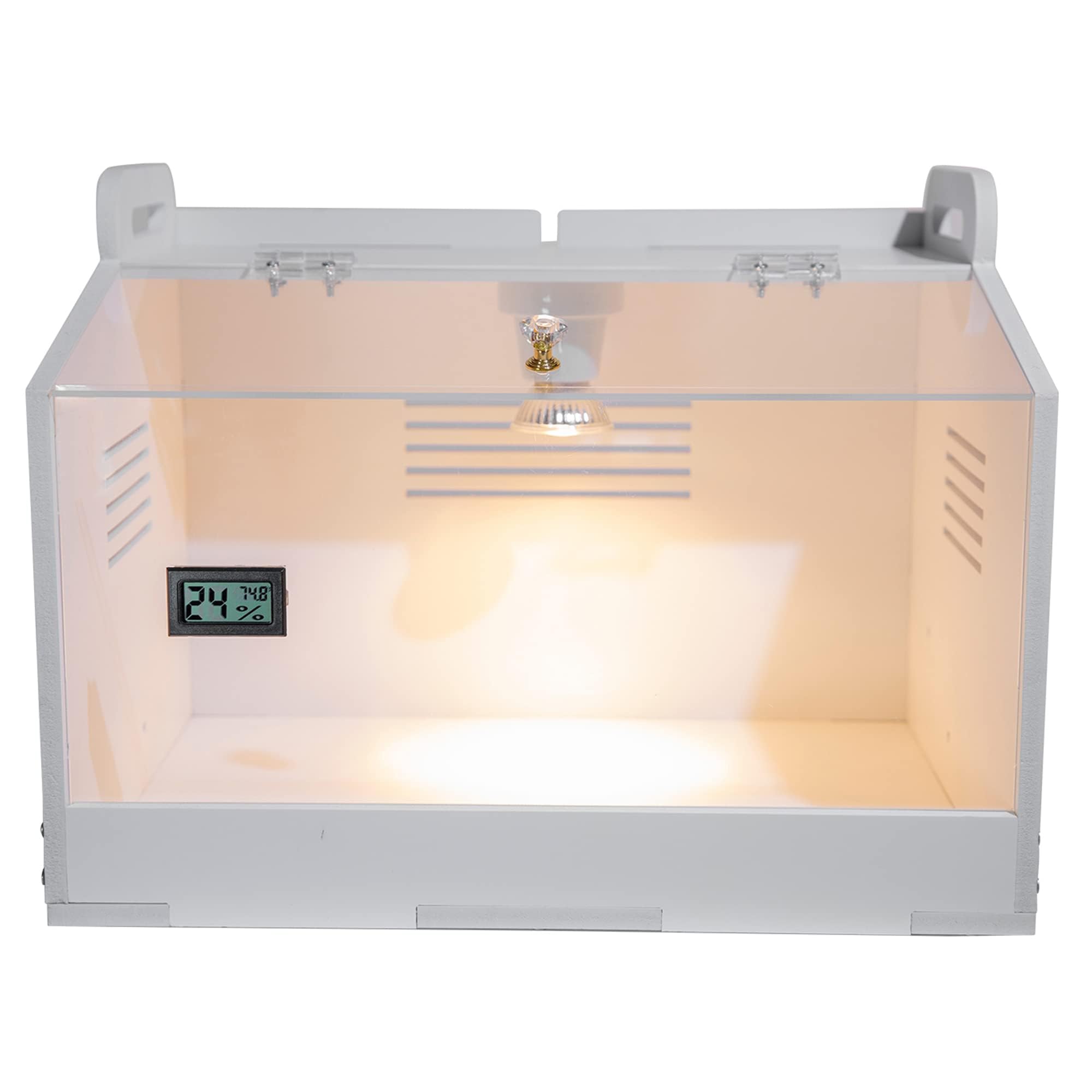 WIONBE Intelligent Brooder Box front view showing warm light for newborns.