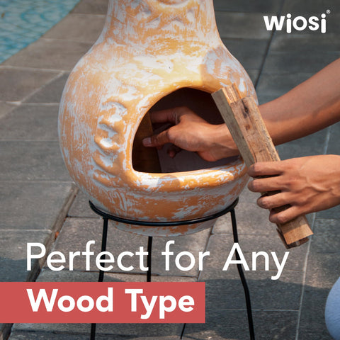 Wiosi backyard setup with chiminea creates cozy evening ambience