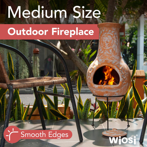 Wiosi chiminea closeup shows handmade clay texture and rustic charm