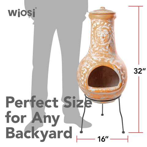 Wiosi chiminea glows softly at night as a warm focal point